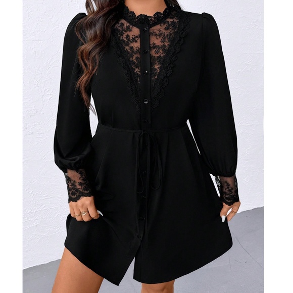 Plus Black Bottom Down Floral Semi Sheer Lace Long sleeve Dress - Picture 2 of 5